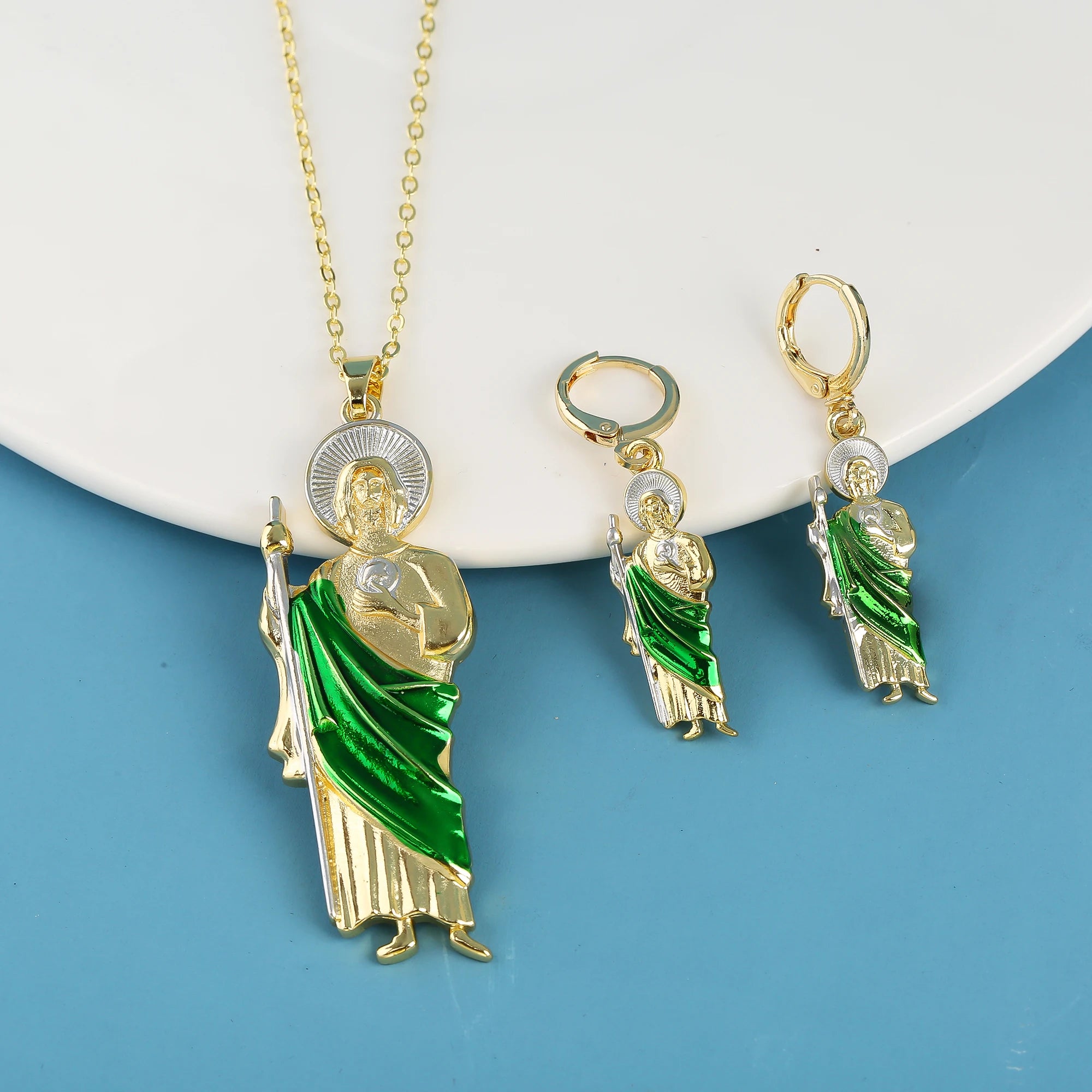 3PCS Religious San Judas Jewelry Set Necklace Earrings Simple for Woman Girl Party Wedding Zirconia Jewelry Gift Daily Wear Qme Jewelry Set 5
