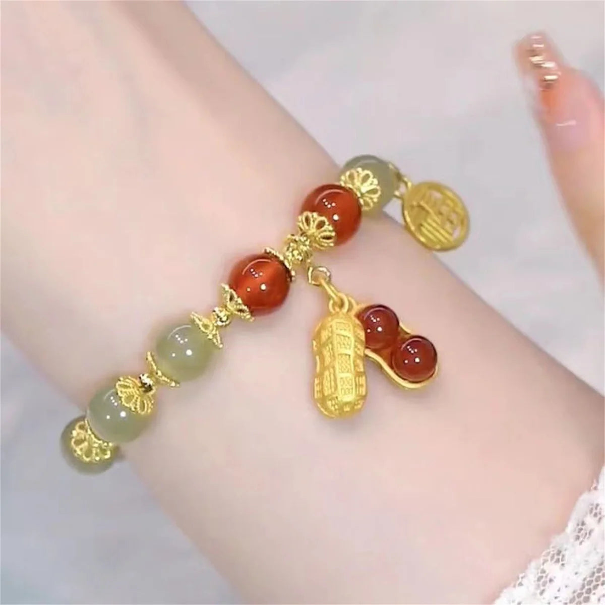 b05 Chinese Style Green Hetian Jade Bracelet For Women Vintage Gold Color Leaves Double Layer Beaded Bracelet Jewelry Gifts Qme