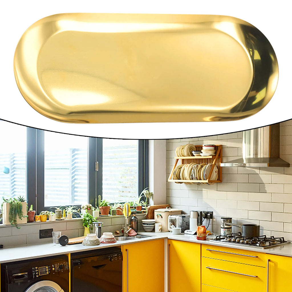 1pc Oval Stainless Steel Tray Storage Tea Fruit Cosmetics Jewelry Plate Gold 18cm 23cm Tableware Home Accessories Organization Qme
