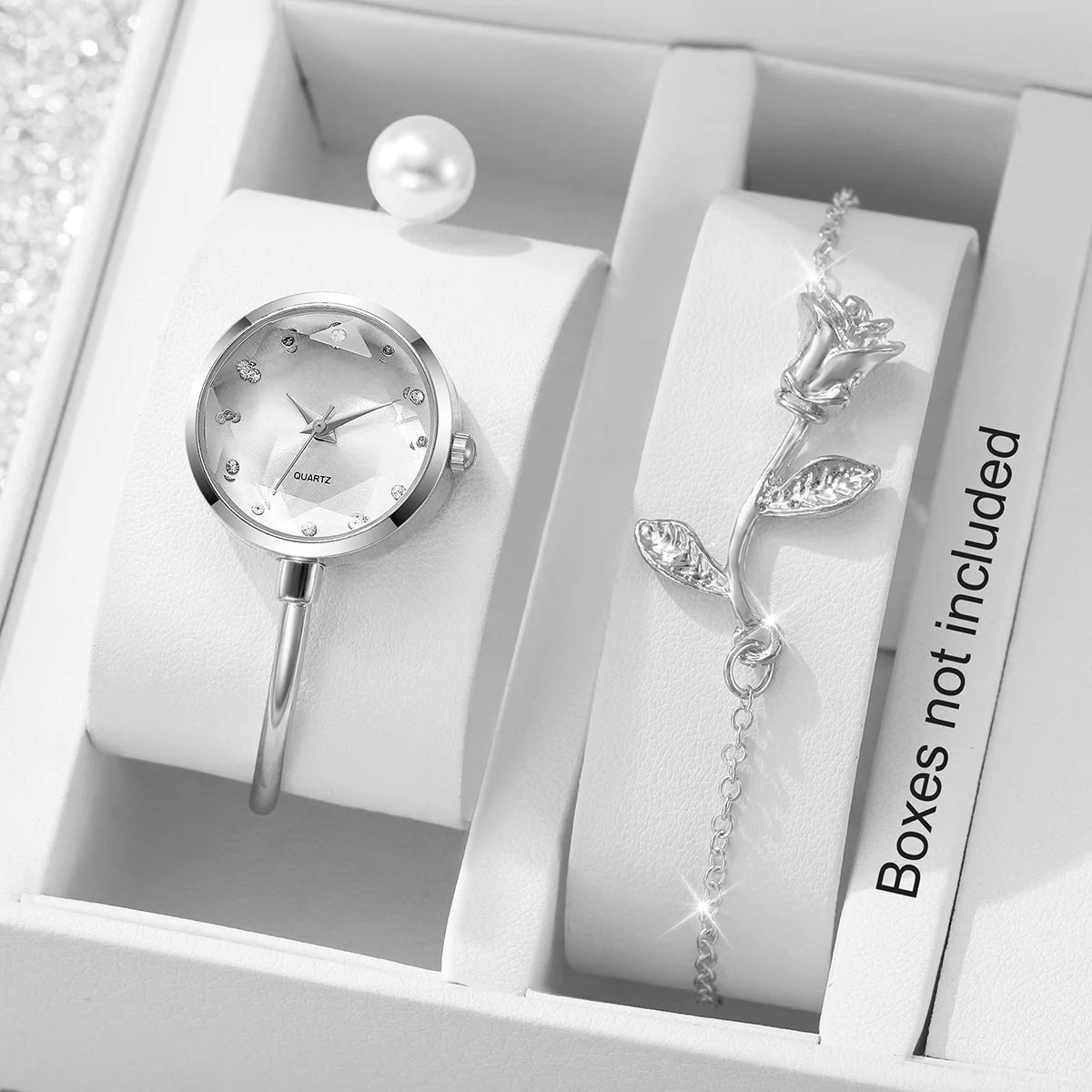 3Pcs/Set Women's Gold Jewelry Watch Set, Quartz Bangle Watch + Rose Bracelet + Pearl Earrings, Elegant Style Qme Silver No Box