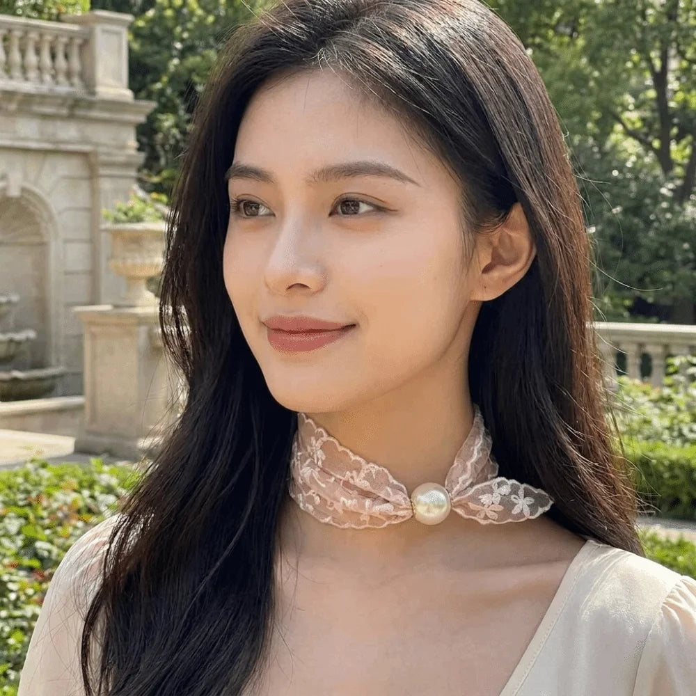 Snap Closure Magnetic Buckle Lazy Scarf Adjustable Elegant Pearl Lace Neck Scarf Collarbone Chain Versatile Shirt Collar Scarf Qme
