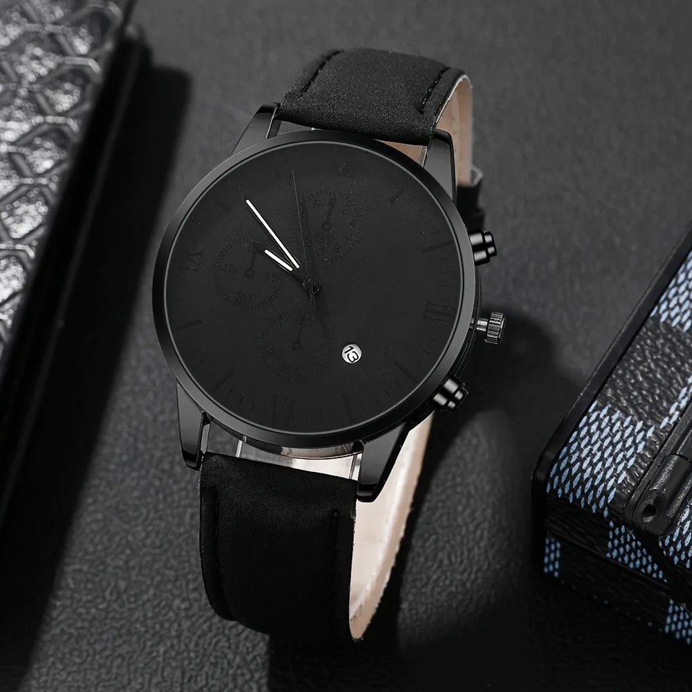 3PCS Fashion Roma Dial Men Business Watches Casual Leather Band Calendar Quartz Wristwatch Jewelry Set Reloj Hombre（Without Box） Qme