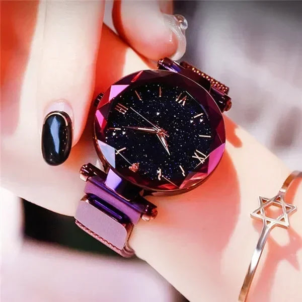 Luxury Starry Sky Women Watches Magnetic Mesh Belt Band Watch Women's Fashion Dress Wristwatch Zegarek Damski Reloj Mujer Qme Purple