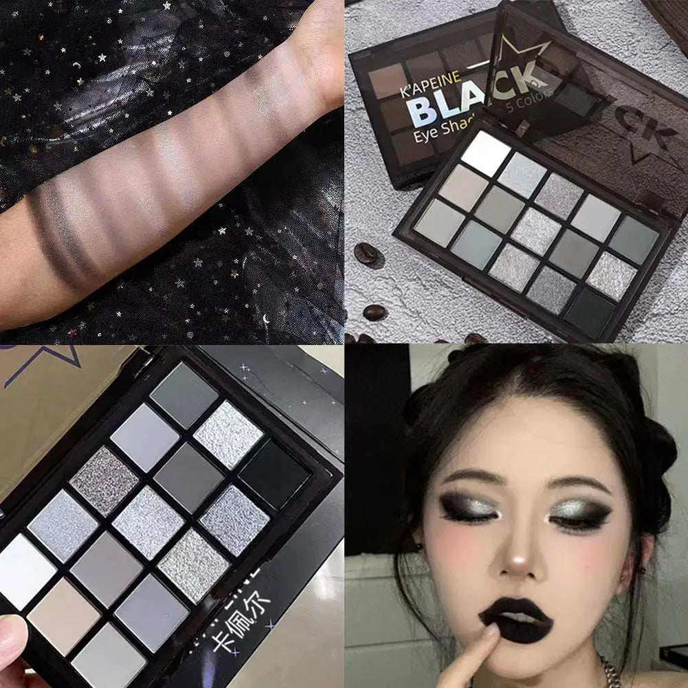 15Colors Black Grey Smokey Eyeshadow Palette, Matte Black White Gray Silver Smoky Eye Shadow, Black Eyeshadow Makeup Goth Look Qme