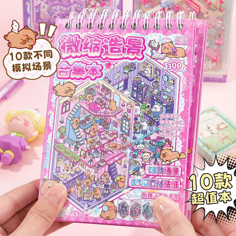 20-Sticker Cute Animal Miniature Scenery Spiral Book, 10 Different Scenes, Stress-Relief Scenery Sticker Album Qme