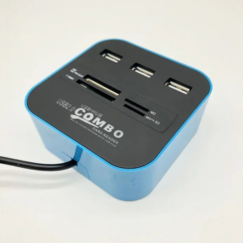 High Speed USB Hub 2.0 3 Ports with Card Reader Mini Hub USB Combo All In One USB Splitter Adapter for PC Laptop Computer Qme Blue