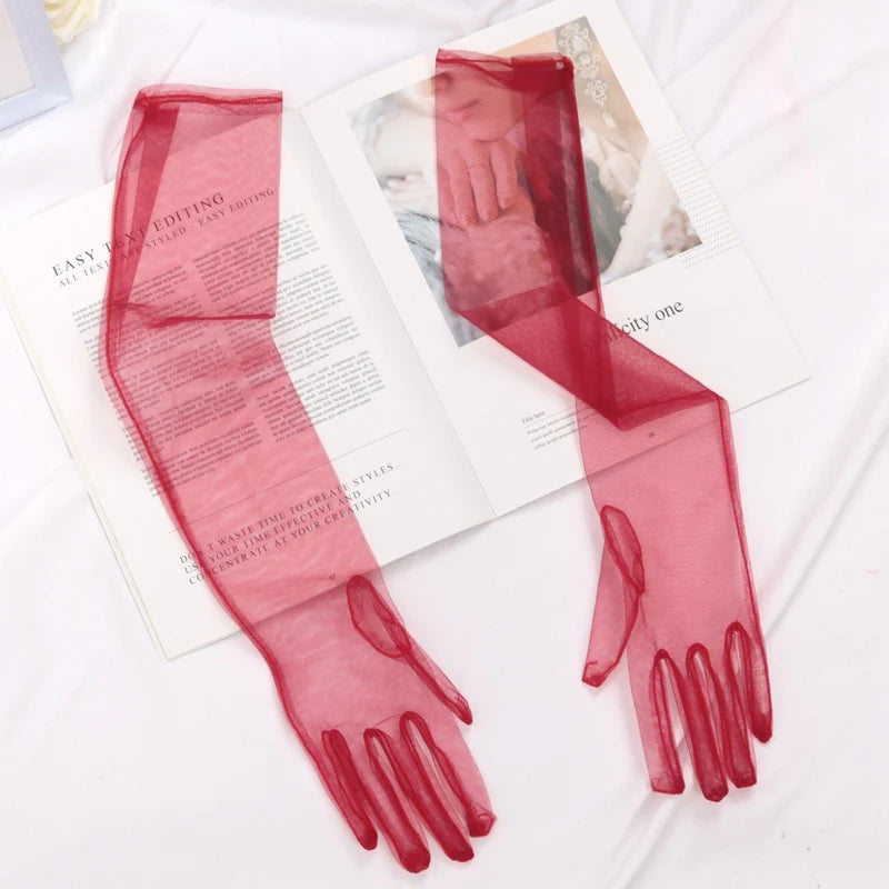 Women Sexy Lace Gloves White Black Mesh Ultra Thin Elastic Lady Qme Burgundy 55cm