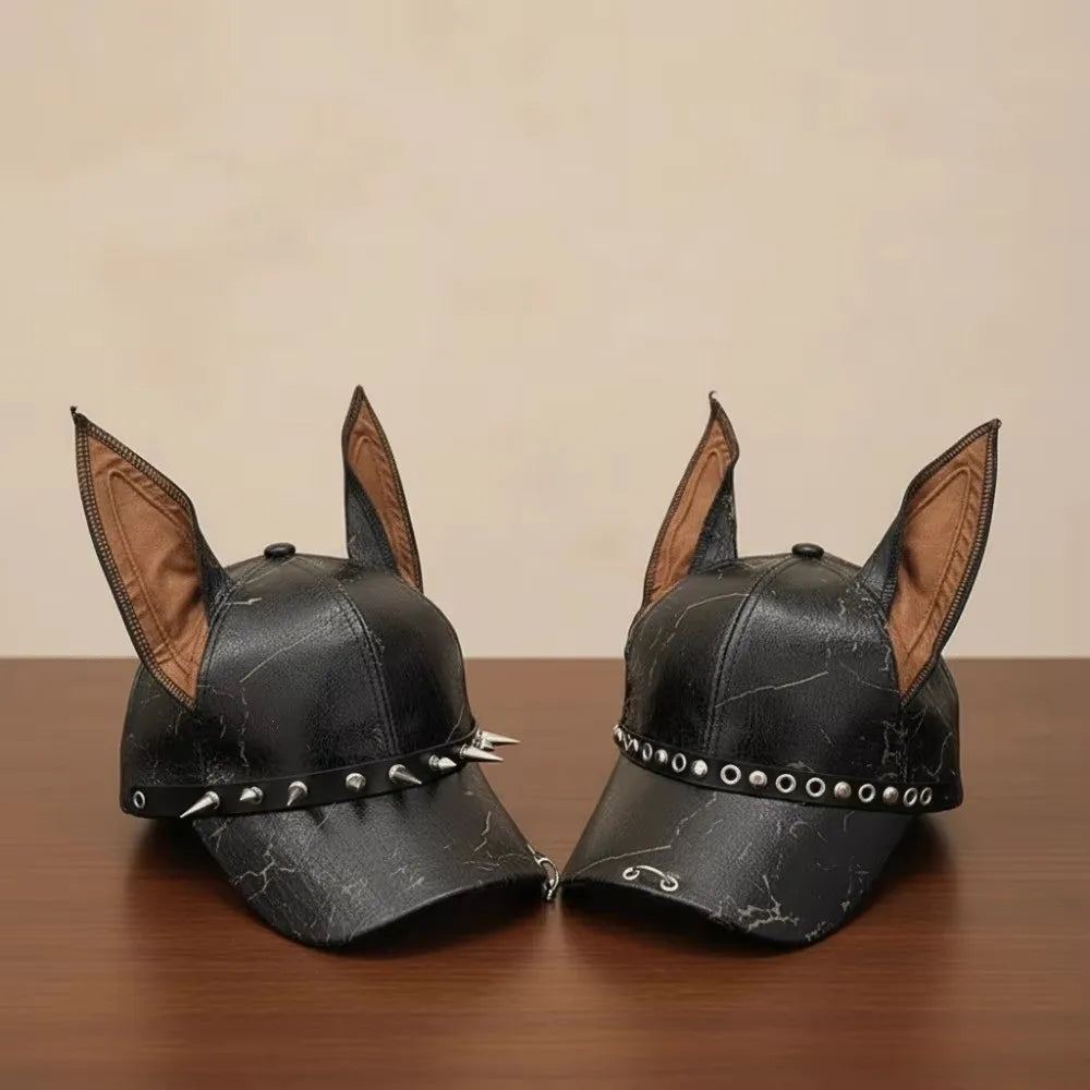 Multifunction Solid Dog Ears Baseball Cap PU Punk Style Leather Baseball Cap Sunshade Adjustable Sunshade Hat Spice Girl Qme