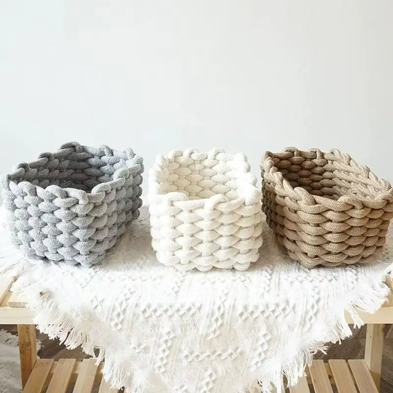 Artisanal Cotton Rope Storage Basket Bohemian Desktop Organizer Qme