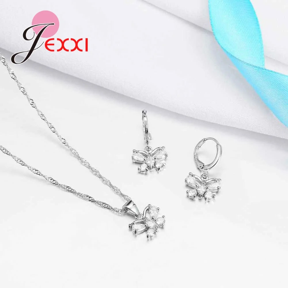 Exquisite Jewelry Sets Genuine 925 Sterling Silver Color Zircon Pendant Necklace Earrings for Women Crystal Bowknot Bijoux Qme