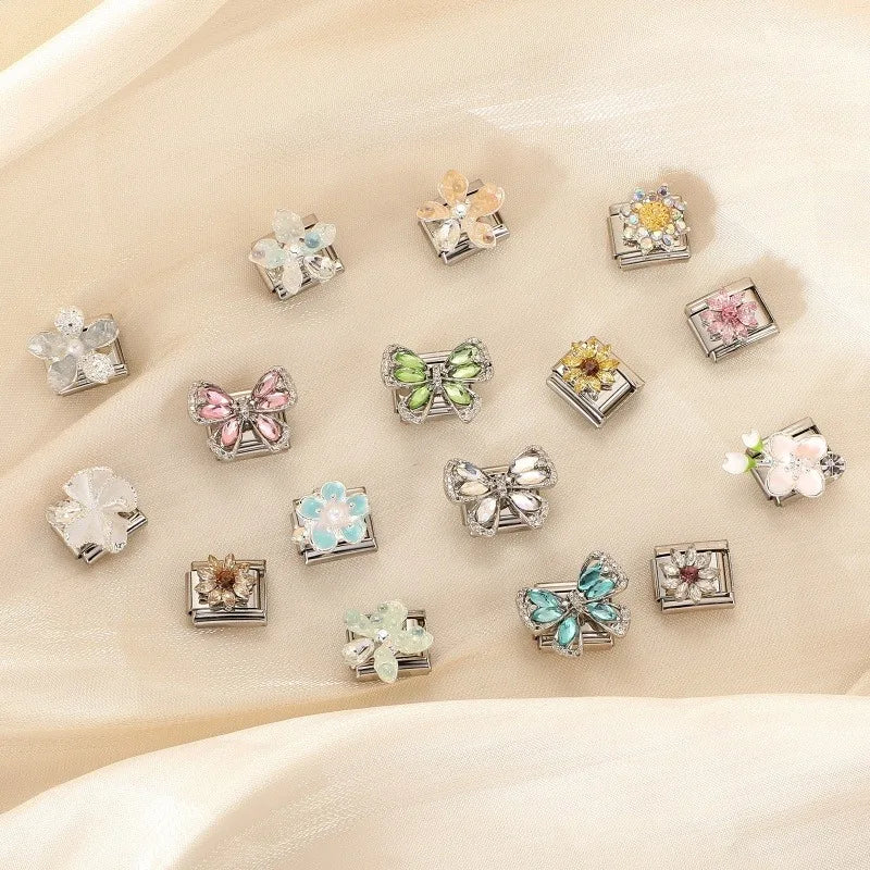 Wholesale Beautiful Flowers Shiny Zircon Bowknot Italian Charm Links Stainless Steel Fit 9mm Bracelet Jewelry Diy Making Gifts Qme