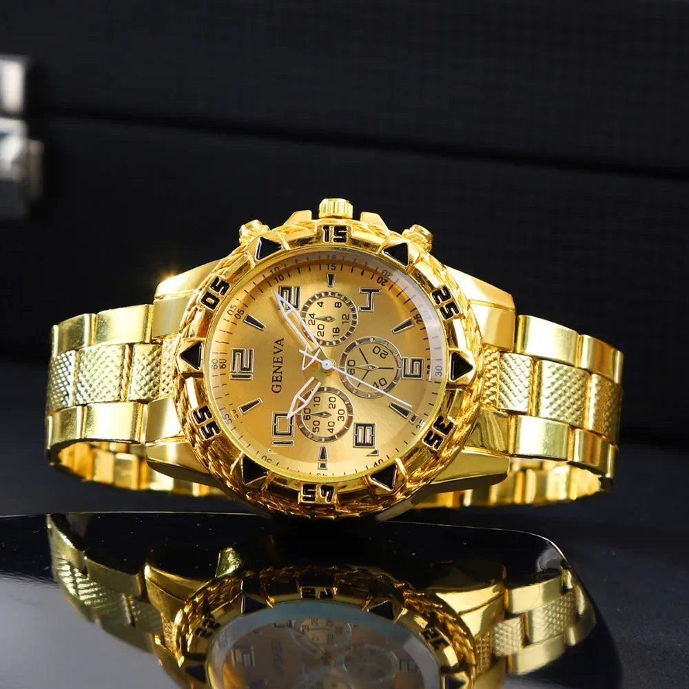 2026 Blue light glass men's watch steel strap quartz watch three eye business casual watch Qme