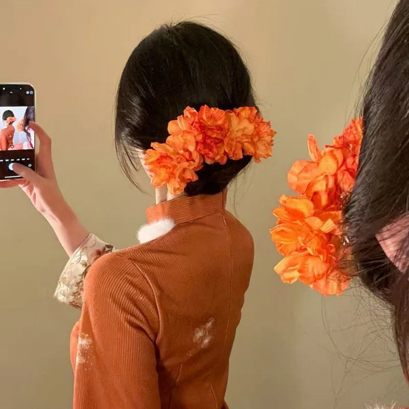 Floral Hair Stick Chinese Style Hairpin, Orange Pink Flower Retro Traditional Hanfu Elegant Hair Accessory For Women Daily Party Qme