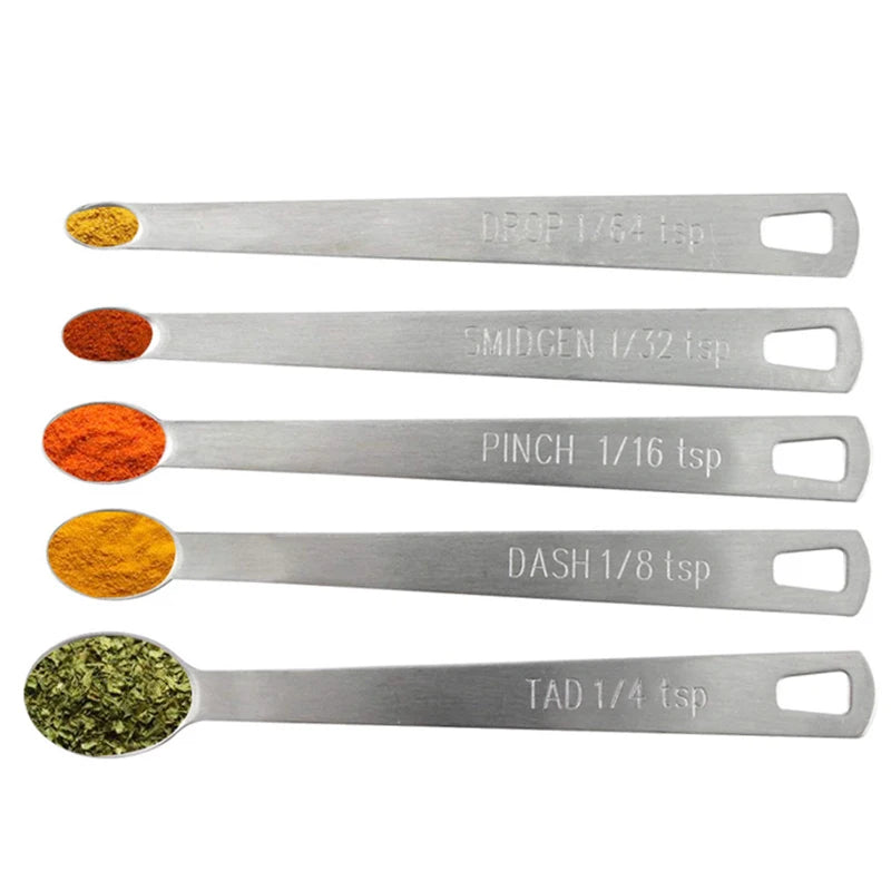 5Pcs/Set Measuring Spoon Stainless Steel Coffee Seasoning Multiple Size Spoon. Qme