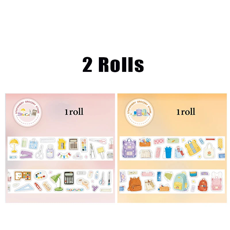 Watercolor Style Campus Stationery Washi Tape, Multi-Pattern Cartoon School Supplies for Themed Scrapbooking & Decoration Qme 2 rolls-B