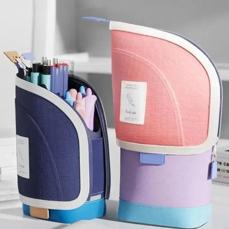 2-in-1 Portable Vertical Student Pencil Bag Pen Holder Standing Case Qme