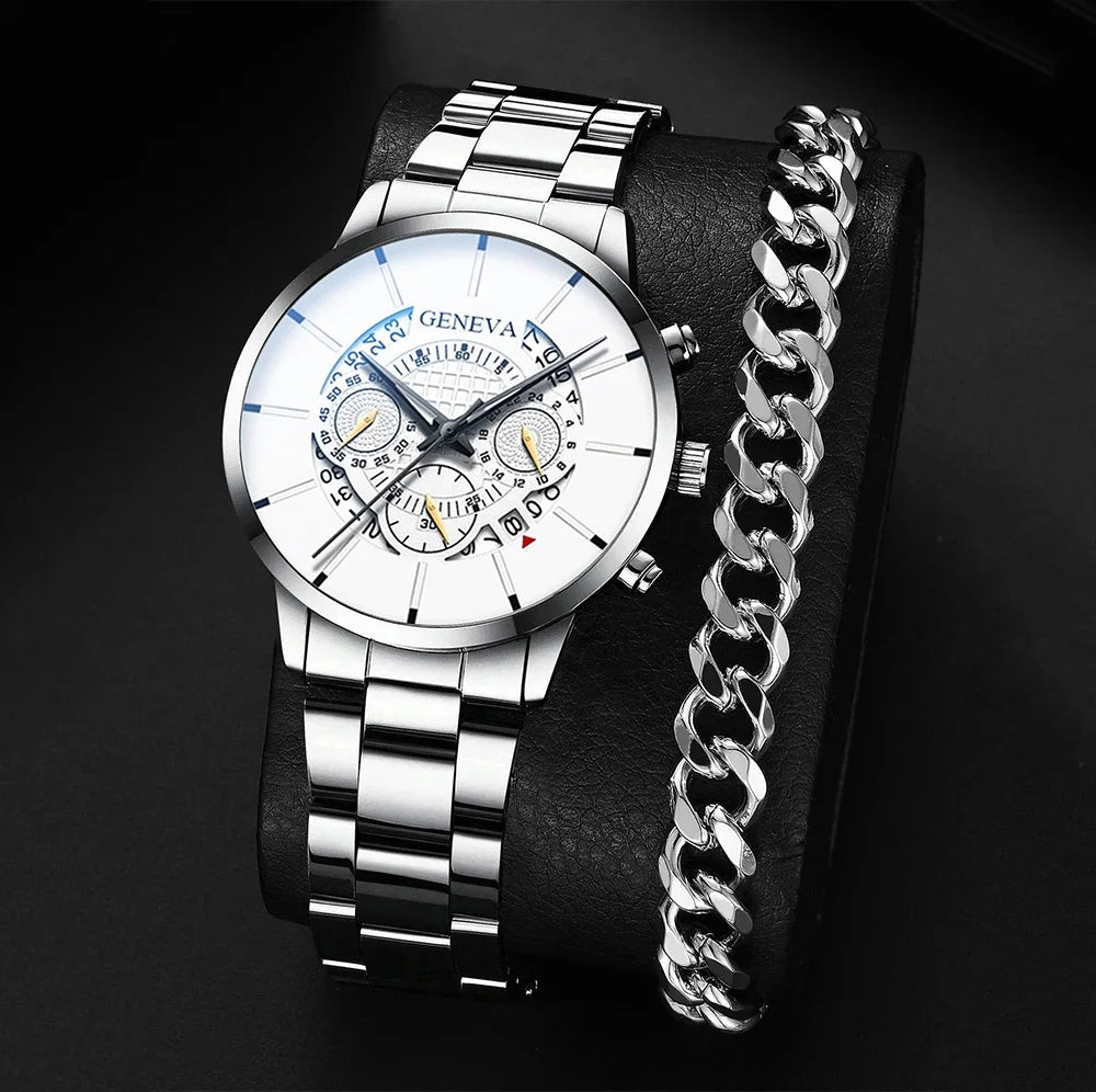 Quartzo em aço inoxidável masculino Relógio de pulso, Relógio de luxo, Calendário, Relógios de negócios Qme Silver B