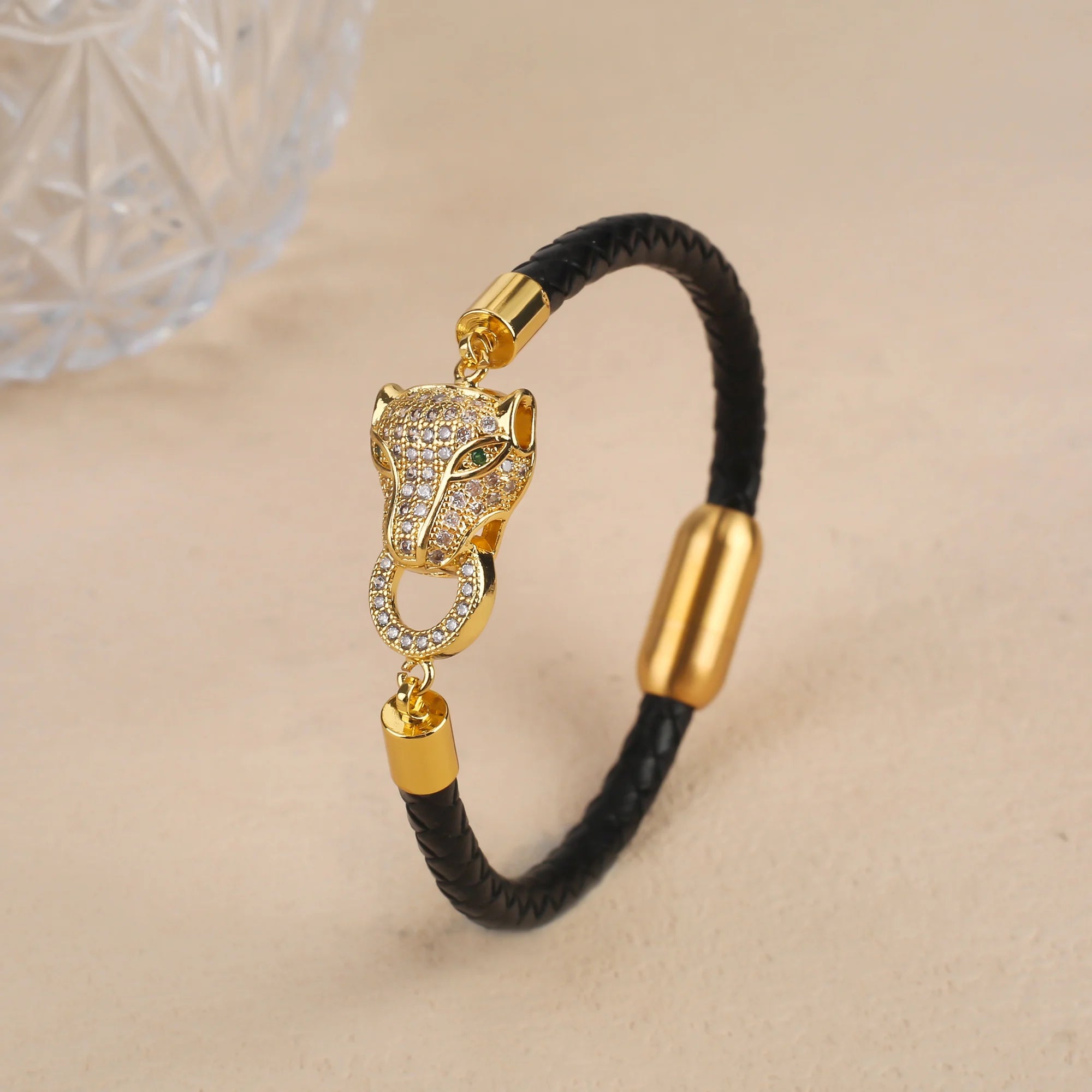 New Domineering Leopard Head Geometric Zircon Bracelet Stainless Steel Magnetic Clasp Bracelet Trendy For Men Women Jewelry Gift Qme B 23cm Black Leather