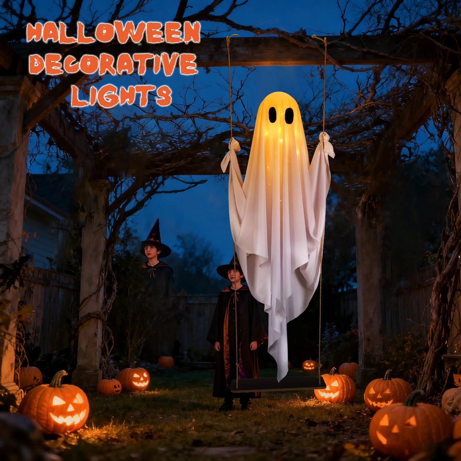 Decorations Outdoor Halloween Scary Ghost 5FT Large Hanging Ghost Swing with Remote Control String Lights Cosplay Party Decor Qme