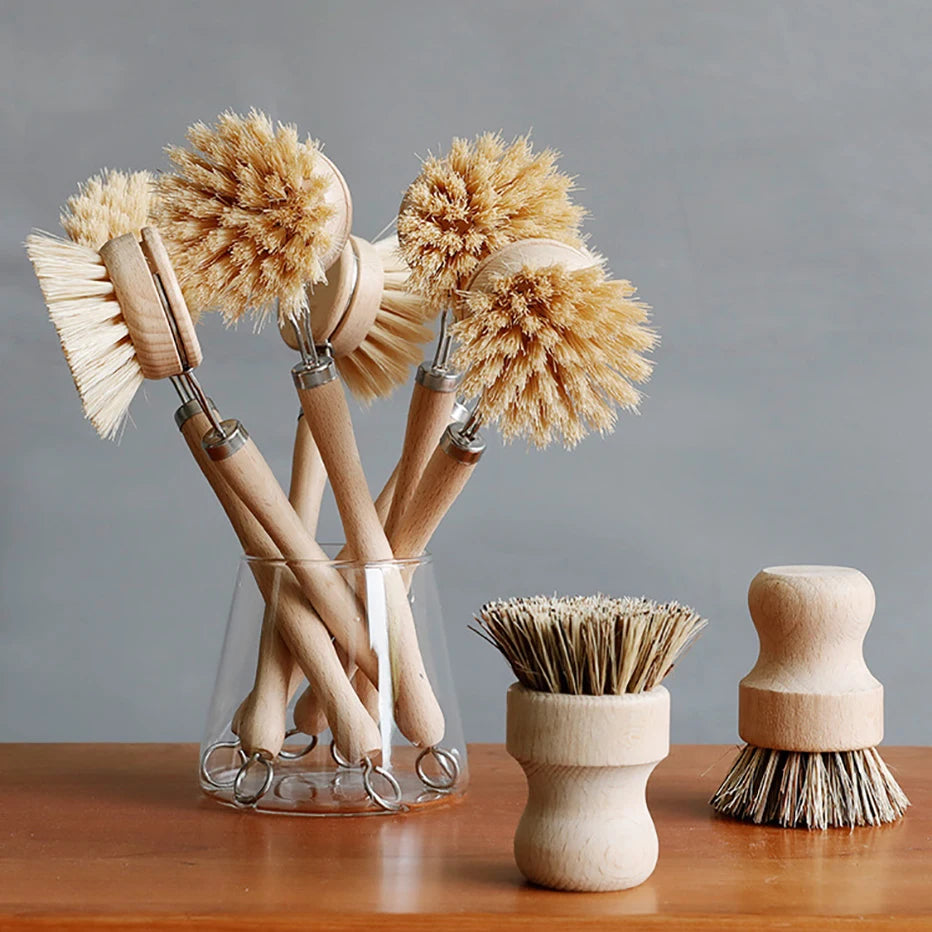 Bamboo Kitchen Cleaning Brush Natural Dishes Pots Pans Sink Washing Brush Eco-friendly Clean Scrubber with Draining Storage Tray Qme