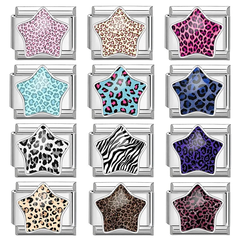 Trendy Zebra Pattern Star Leopard Print Purple Italian Charm Links Fit 9mm Stainless Steel Modular Bracelet DIY Making Jewelrys Qme