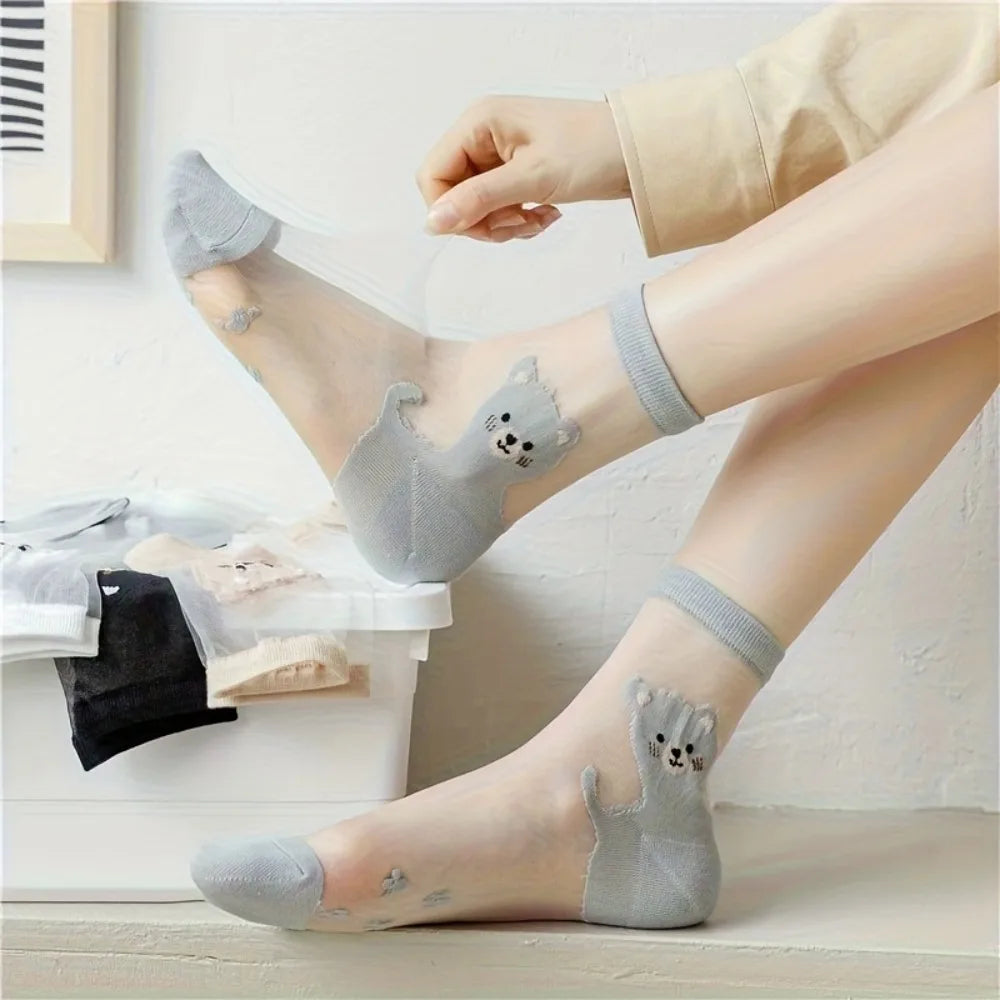 Women's Cute Bear Pattern Sheer Socks, Transparent Crystal Silk Ankle Socks For Summer, Casual & Daily Wear Qme