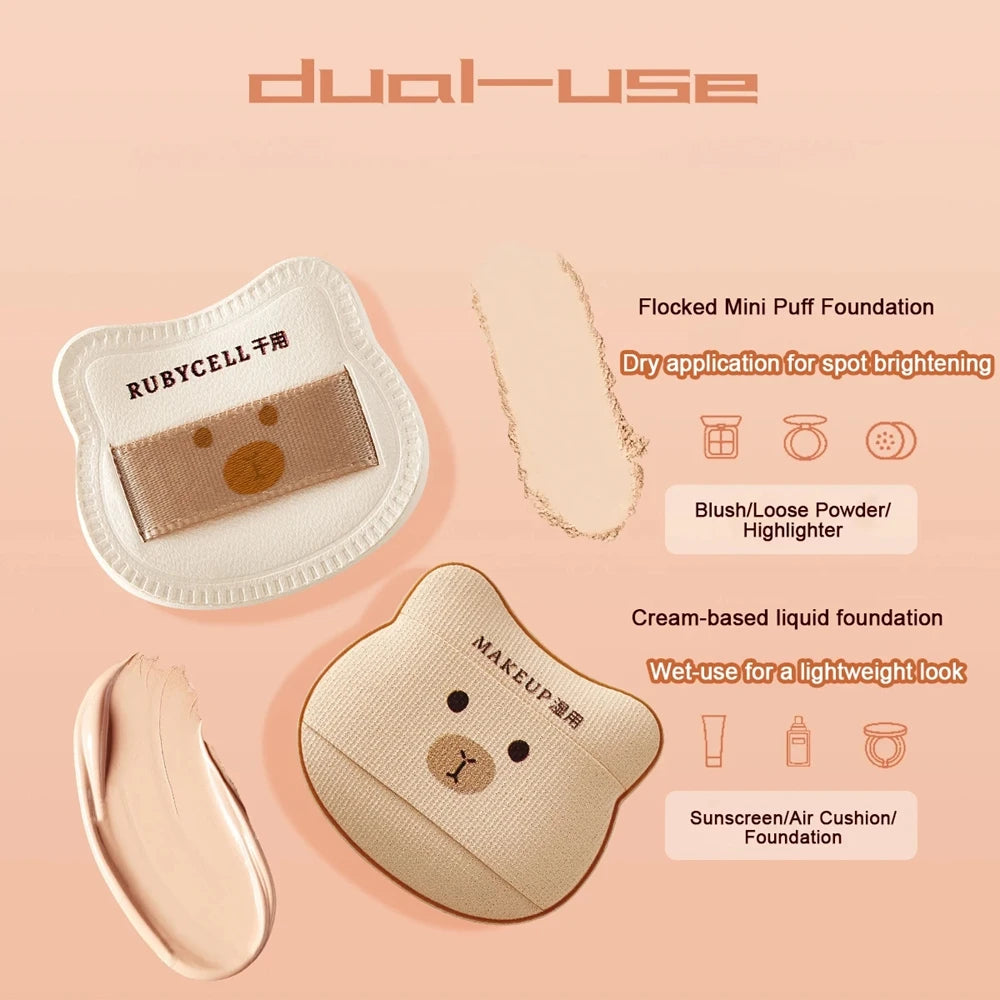 5/8PCS Cute Bear Powder Puff Set Soft Flocking Wet & Dry Use Sponge Mini Fingertip Puff forSkin-friendly Flocking Air Cushion Qme