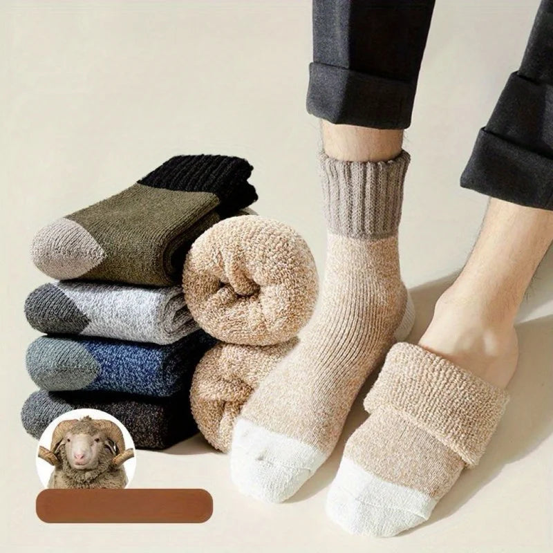 Men Wool Thermal Crew Socks Thick Fleece Lined Color Block Knit Winter Warm Socks For Cold Weather Daily Outdoor Wear Qme