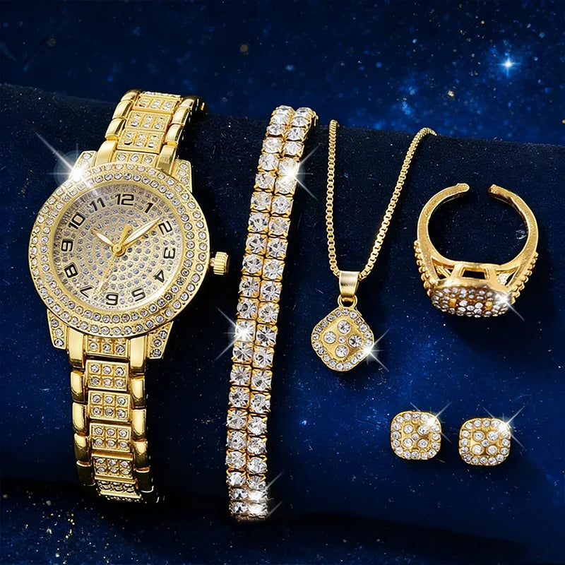 2pcs/set Luxury Women Gold Watch Fashion Ladies Quartz Diamond Wristwatch Elegant Female Bracelet Watches Set Qme