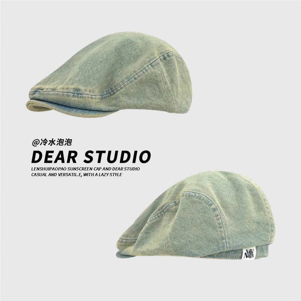 Retro Denim Beret Women's Summer Versatile Washed Old Big Head Qme Beige