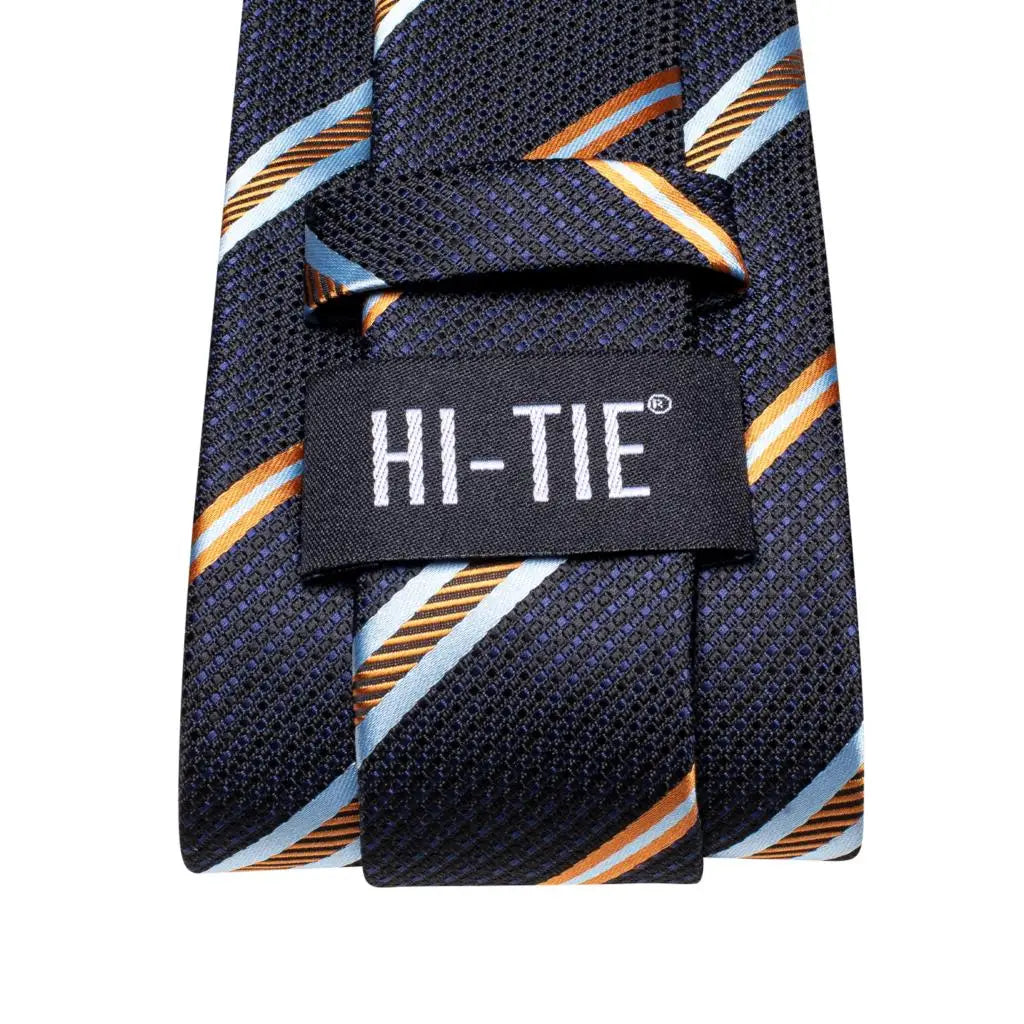 Hi-tie Men Fashion Striped Navy Blue Necktie Handkerchief Cufflinks Qme