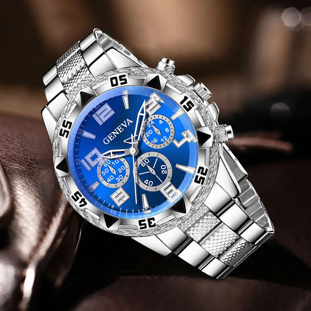 2PC Men's Watch Set Business Blue Round Dial Quartz Watch Set, the perfect gift for friends or fathers (no box) Qme