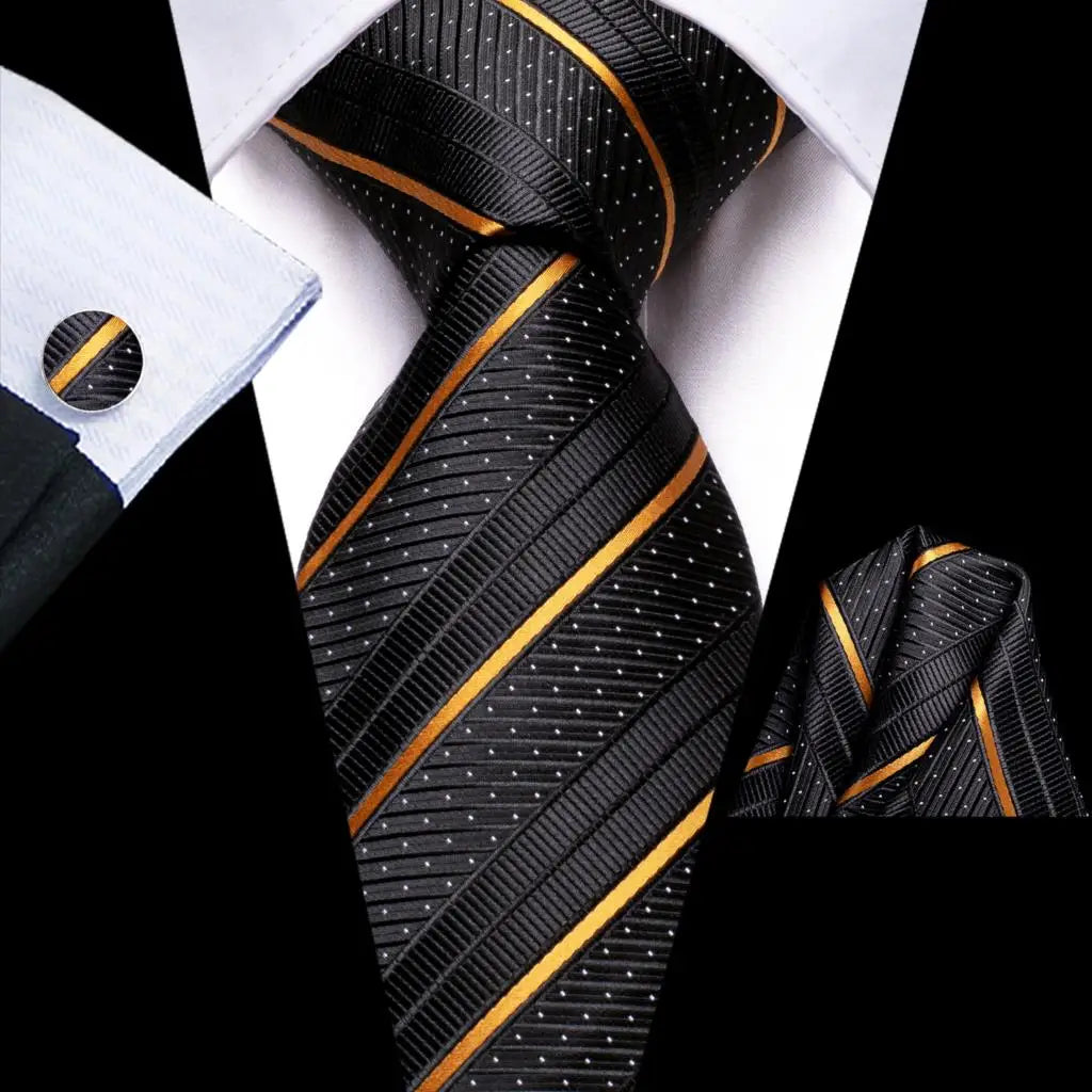 Hi-tie Striped Navy Blue Mens Fashion Necktie Handkerchief Cufflinks
