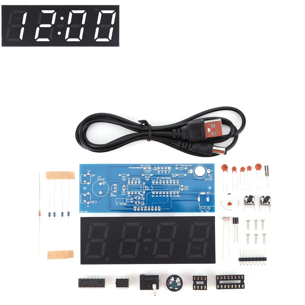 Colorful Digital Clock Electronic Kit Time Week Temp Date Display Electronical Clock Making Experiment Kit for Soldering Project Qme White