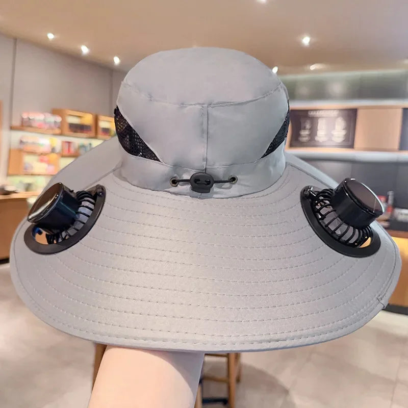 Summer USB Solar Energy 2 Fan Sun Hat Men Women Breathable Fishing CapSun Protection Mesh Fisherman Hat Hiking Outdoor Beach Cap Qme Light Grey