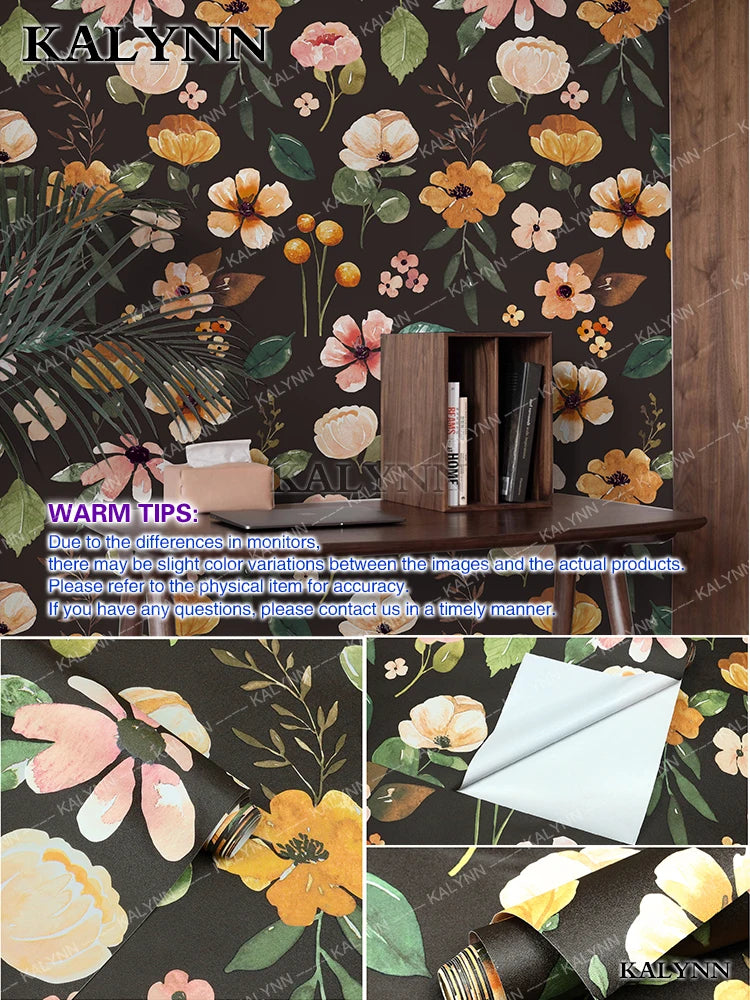 Floral Wall Stickers Self Adhesive Removable Wallpaper Vinyl Contact Qme Black Background 16FTx17in(5mx45cm)