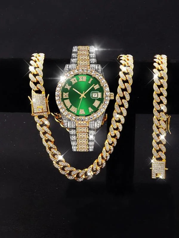 Hip hop Watch Set with Diamond Bracelet Necklace Quartz Hiphop Watch Essay Watch Large Dial Set Qme Grey
