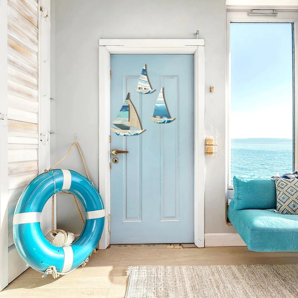 1 set of 2D blue ocean style sailboat wooden wall decoration, seaside vacation style farmhouse wall decoration, home decoration Qme
