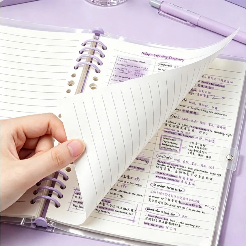 60 sheets of 120-page transparent soft leather loose-leaf notebooks with detachable ring covers and horizontal lines A5 Qme