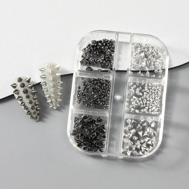 6 Grids Y2K Punk Metal Rivet Nail Charms Cone Mixed Sized Black Qme