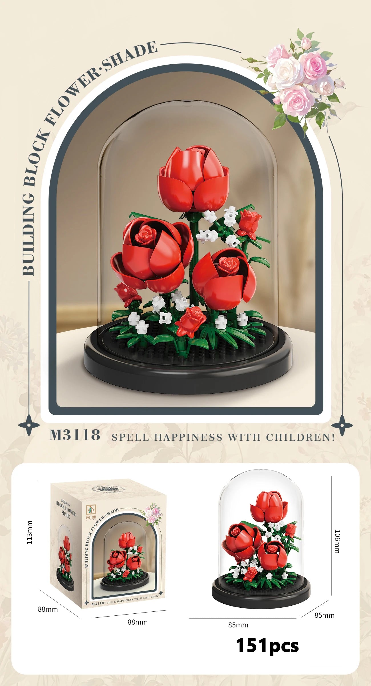 Eternal Flower Bouquet Bonsai Potted Plant Micro Building Blocks Model Home Decoration Puzzle Toys Kids Birthday Christmas Gifts Qme 3118-With Cover