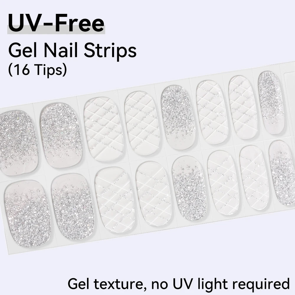 16Tips Pink Red French UV-Free Gel Nail Stickers Sparkly Shinning