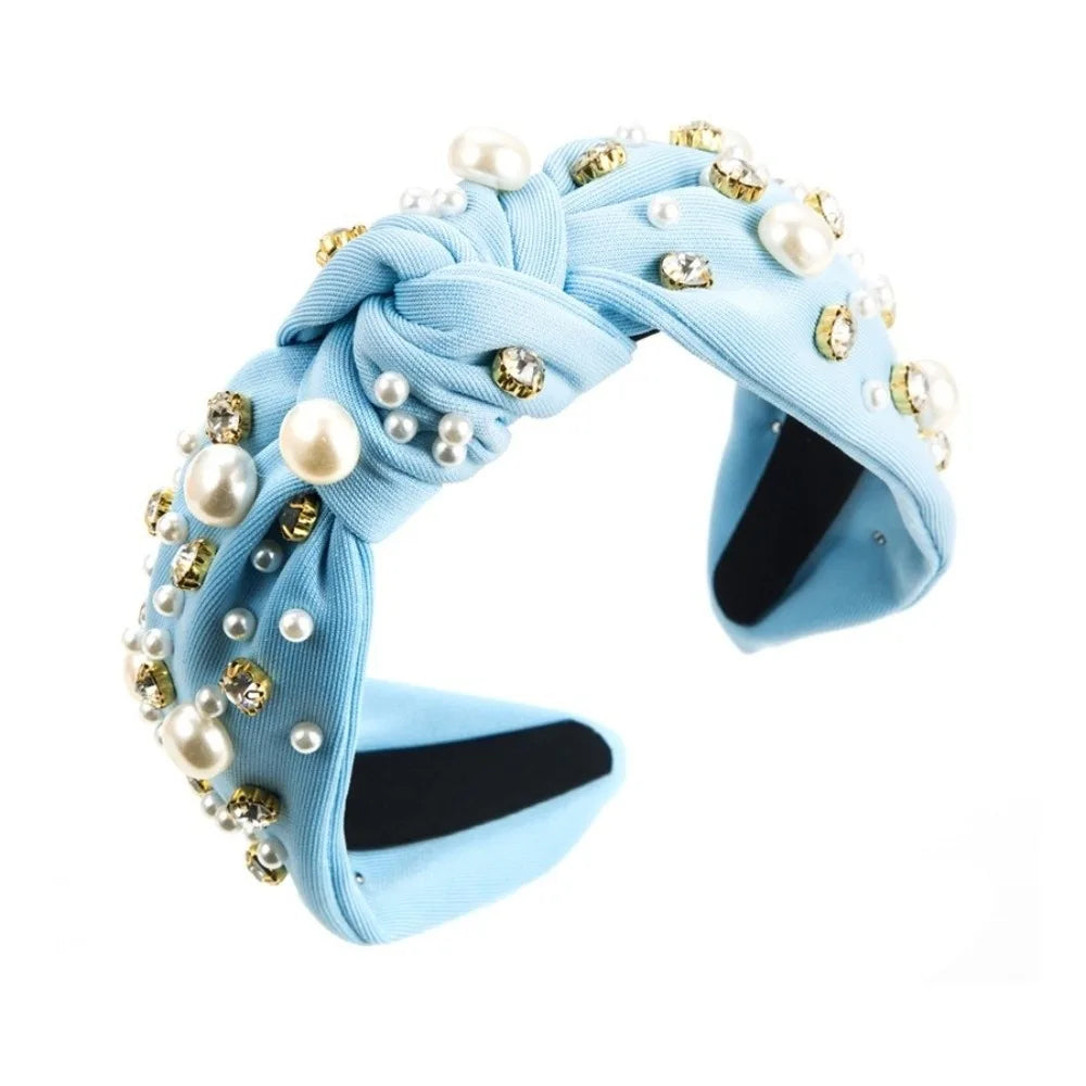 Solid Color Rhinestone Pearl Hairband Wide Edge Nail Pearl Head Hoop Hair Ornament Knot Style Baroque Headband Hair Accessories Qme Light Blue