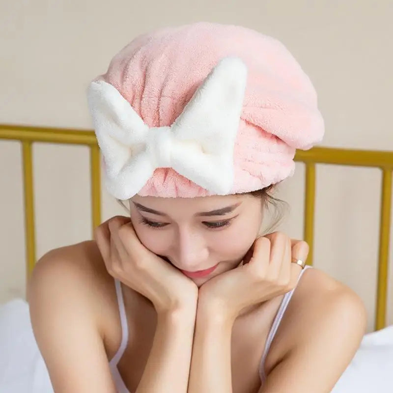 Dry Hair Cap Cute Bow Velvet Towel Ladies Super Absorbent Quick Dry Head Wrap Towel Shampoo Bath Caps Bathroom Toiletries Qme Pink
