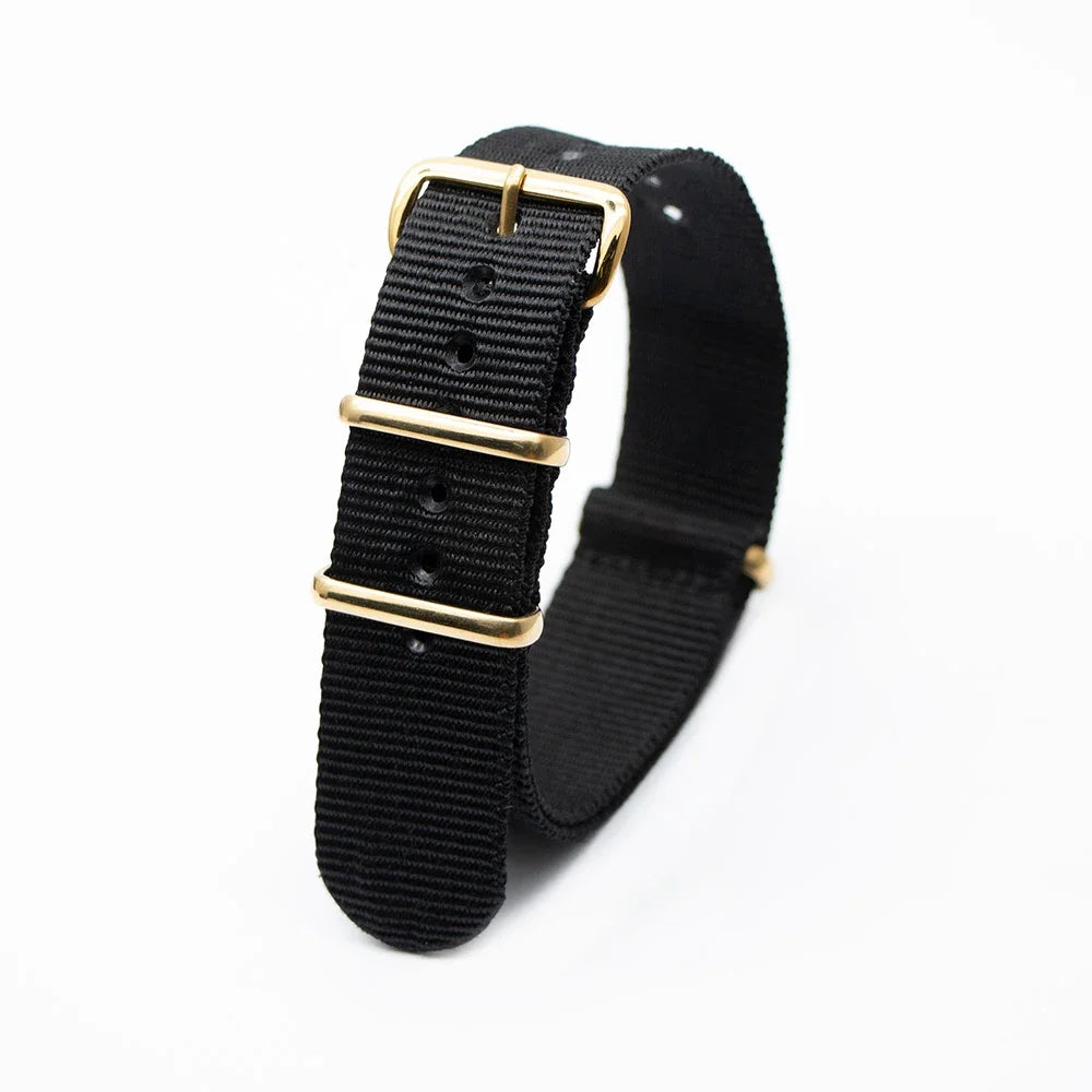 Hot Selling Gold Square Buckle Nylon Four Colors Watch Strap Fashionable Wear Resistant Watch Striped Bracelet Nice Watch Strap Qme Black 22 mm