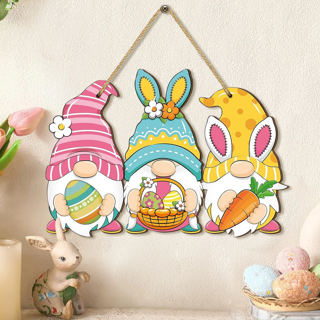Rustic Wooden Easter Sign, Bunny Gnome Design, Holiday Hanging Ornament for Home & Celebrations, Unique Gift for Friends ﻿ Qme L