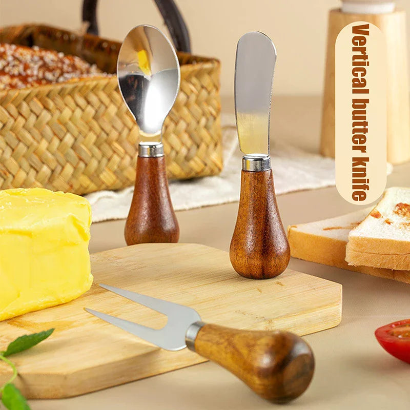Stainless Steel Cheese Knives Cheese Fork Set Wooden Handle Butter Spatula Knife Cheese Spreader Jam Spreader Baking Tools Qme