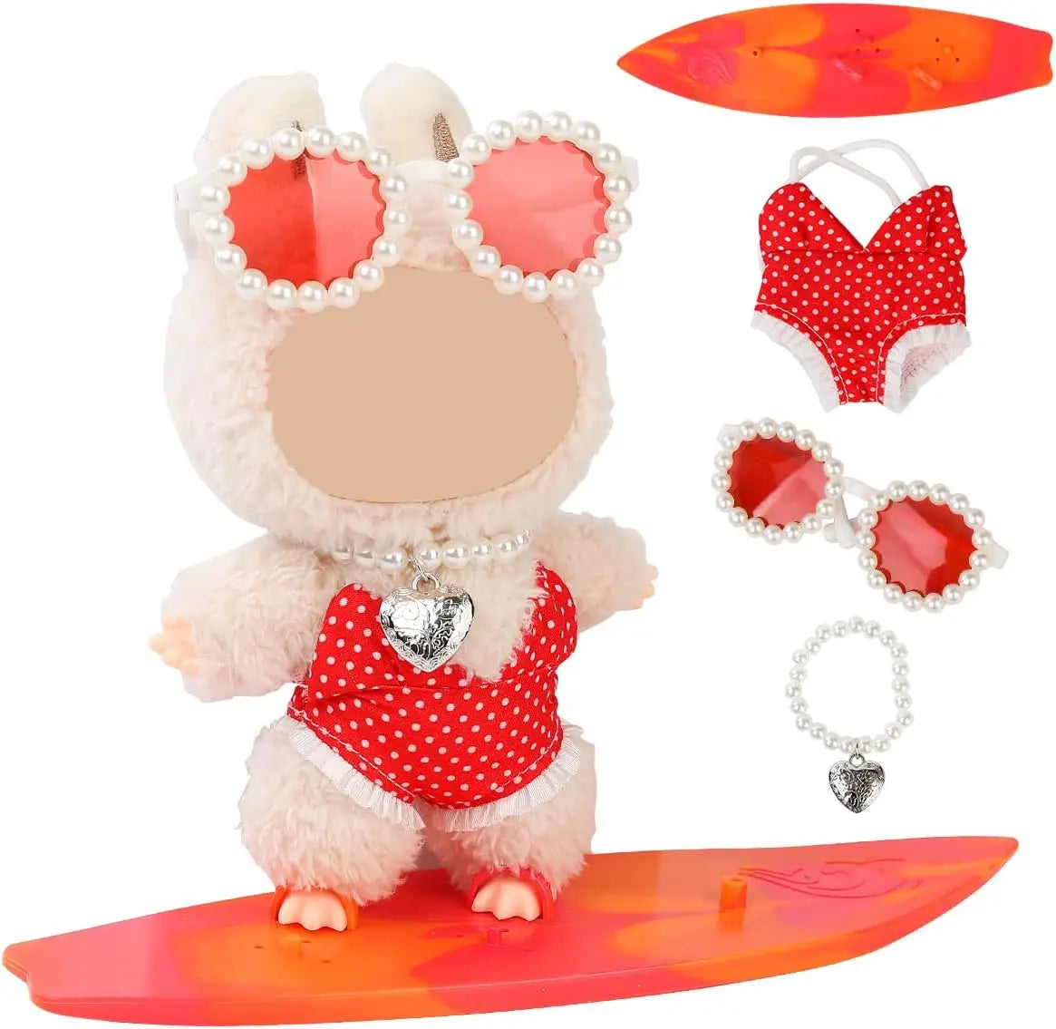17cm Labubu 4-piece costume set (without dolls), fashionable summer beach costume set, doll costume accessories Qme Red