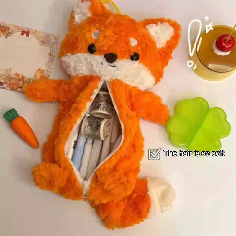 Students Cute Fox Doll Plush Pen Bag Cartoon Animal Pencil Case Large Qme