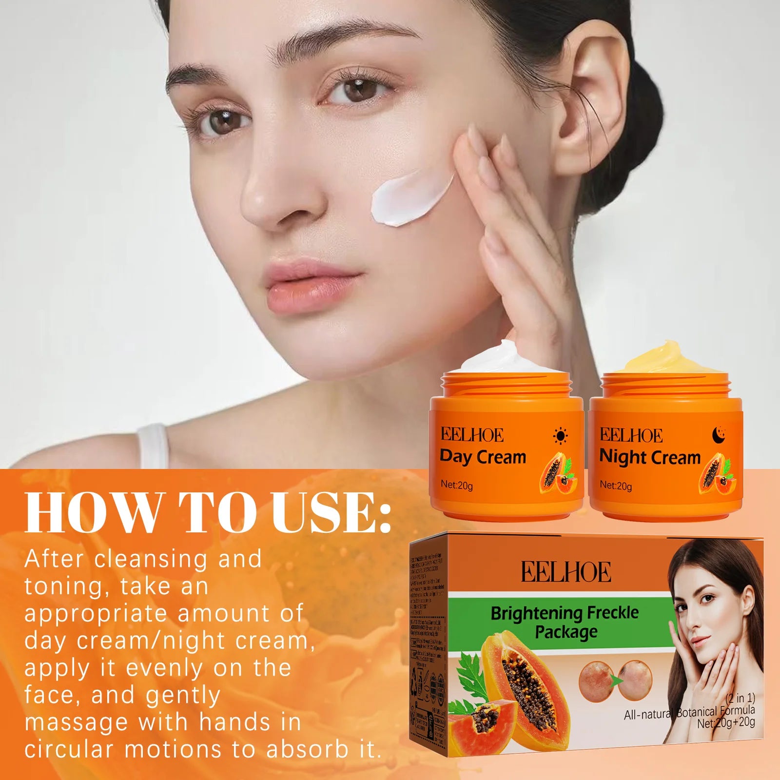 Papaya Brightening Freckle Face Cream Set Day Night Sun Spots Corrector Fade Pigment Brighten Skin Tone Day & Night Moisturizer Qme